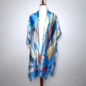 PRETTY PERSUASIONS Watercolor Open Front Kimono OS Blue Yellow Travel Ltwt